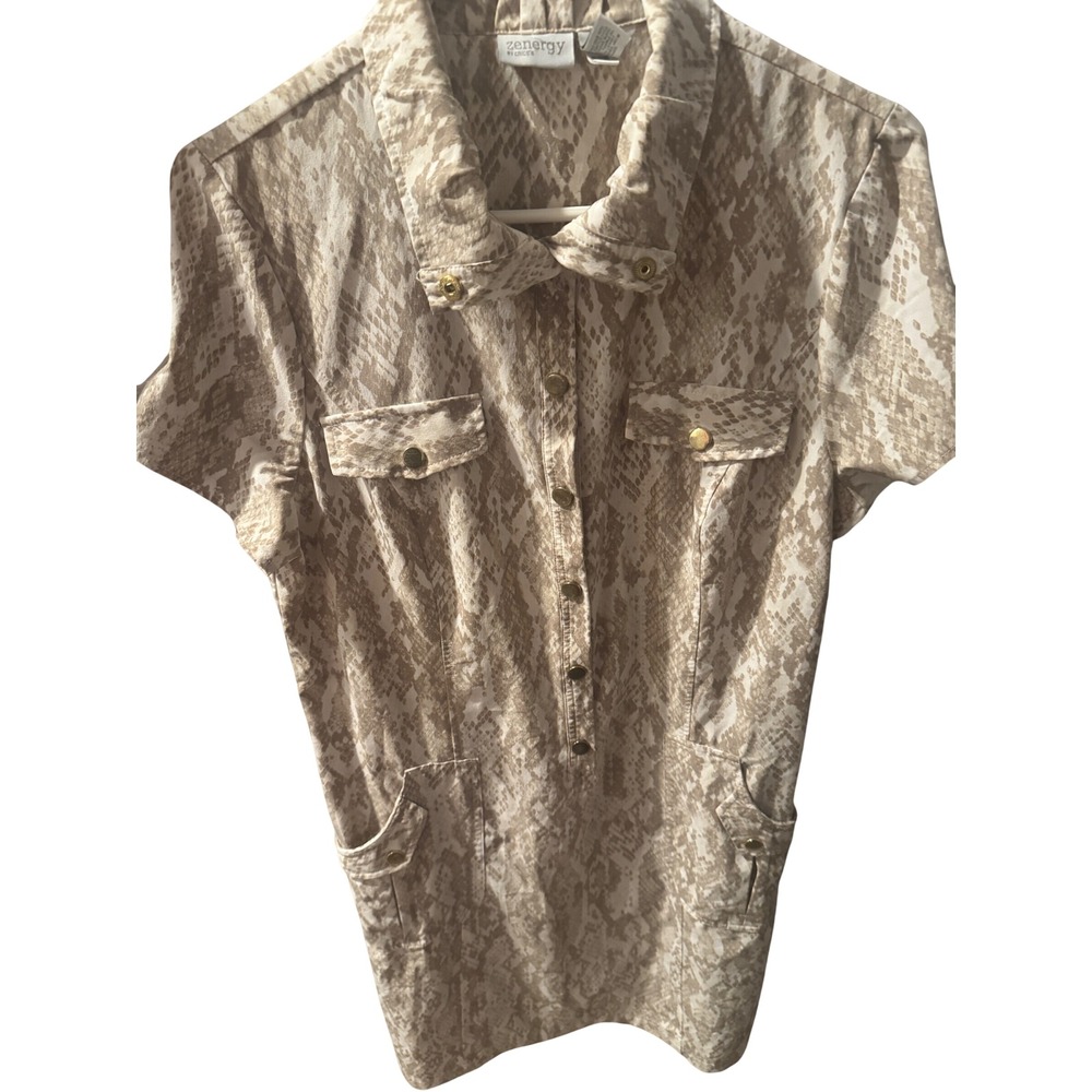Zenergy by Chico's Snakeskin Print Button Front Utility Shirt Dress Neutral 2